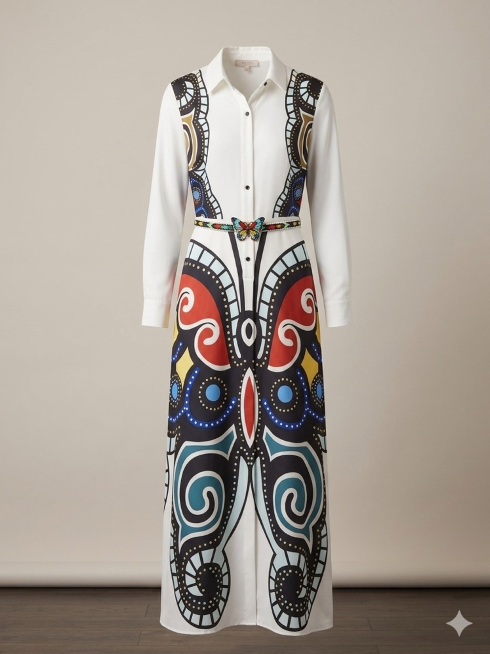Printed Button-Front Dress in White with Multicolor Graphic Motif Size Medium